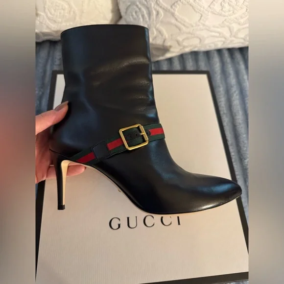 Gucci Black Napa Leather Charlotte Ankle Booties with Gold Buckle - Picture 3 of 10
